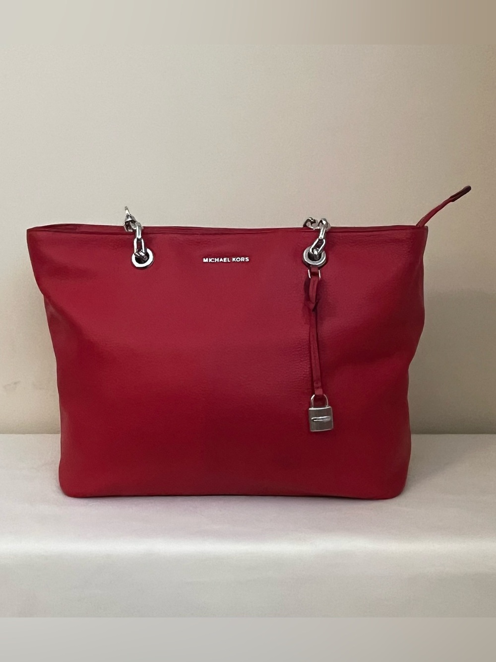 Michael Kors Pebbled Red Leather Tote/Laptop Bag with Silver Hardware